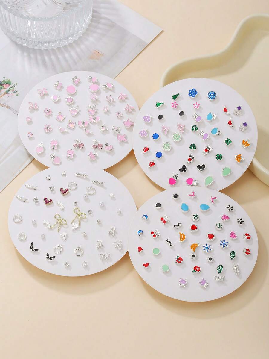 40pcs Cute CCB Earring Set Including Apple, Banana, Cherry, Leaf, Flower, Snowflake, Moon, Star, Cat Design, Suitable For Women's Daily Wear - Multicolor - View 1