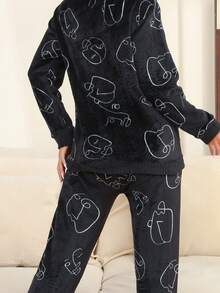 Ropa Para Dormir Mujer Franela Conjunto De Camisón Cárdigan Dama Suave y Cómodo Blusas Y Pantalones - Negro - Ver 2