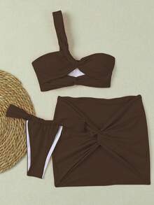 New Arrival Spring/Summer Sexy Solid Color Brown One-Shoulder Women's Bikini Swimsuit, Beach Holiday Party Date - Khaki - View 2