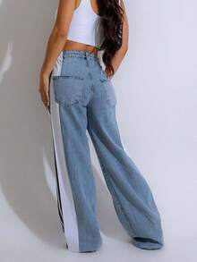Women Summer Baggy Jeans Pants High Waist Loose Wide Leg Trousers Side Striped Denim Pants Daily Streetwear - Blue - View 7
