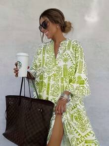 1pc Paisley Print Patchwork Bohemian Woven Dress With Buttons, For All Seasons - Green - View 2