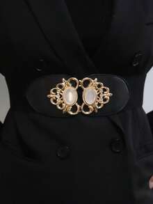 Women's Elastic Cat Eye Stone Decor Waist Belt - Black - View 1