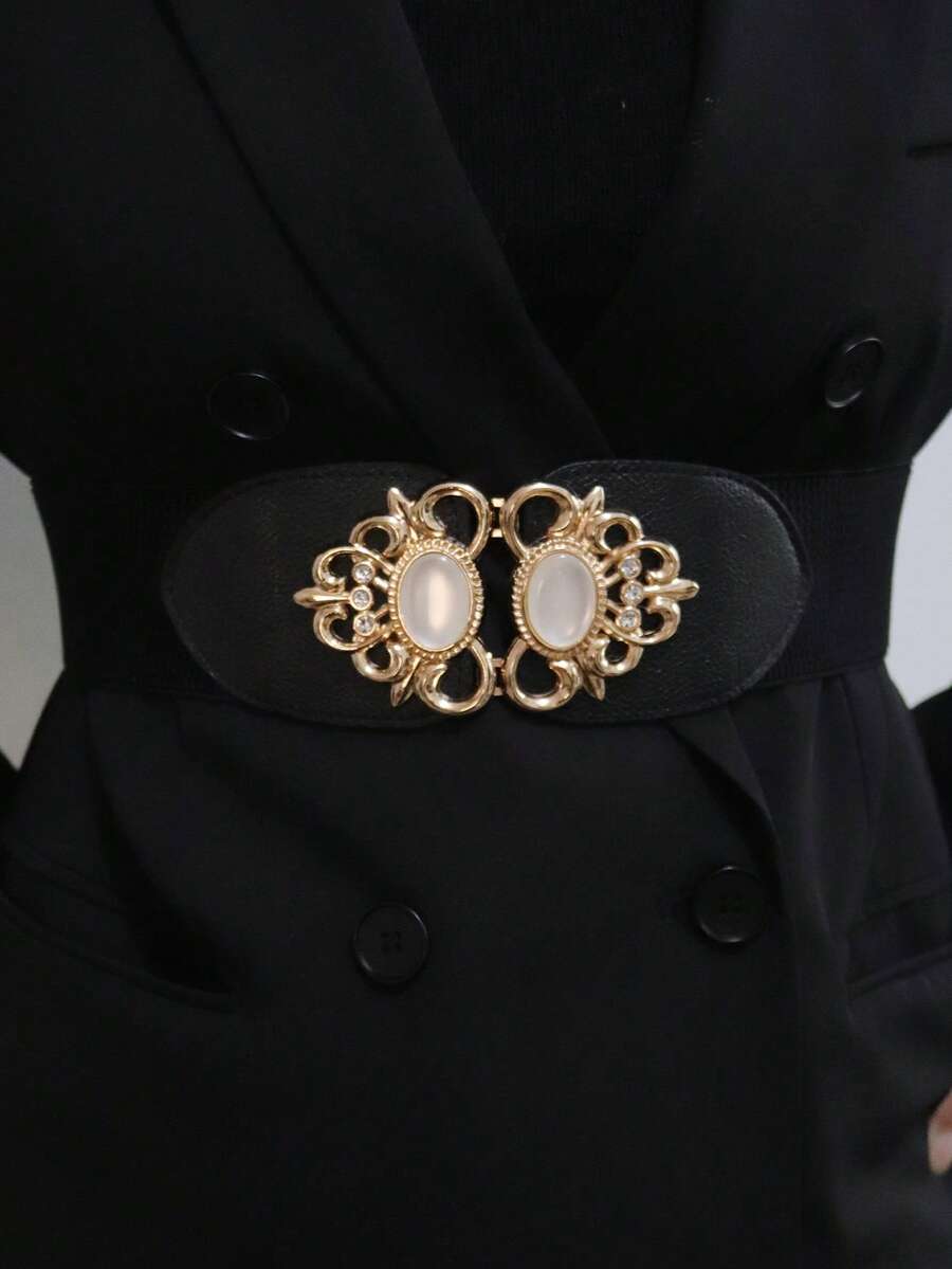 Women's Elastic Cat Eye Stone Decor Waist Belt - Black - View 1