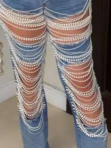 Women's Light Blue Mid Waist Casual Sexy Straight Leg Pants, Fashionable Perforated Pearl Chain Decoration, Suitable For Nightclubs, Dances, Nightclubs - 淺藍色 - 查看 2