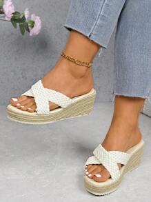 Women's Vacation Platform Sandals With Single Strap & Espadrille Wedge Heel, Plus Size