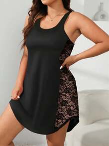 Plus Size Women Summer Casual Sleepwear Lace Round Neck Sexy Backless Camisole Nightgown, Vacation