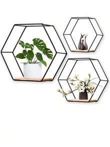 1pc(With Hanging Hook) Iron Art Creative Nordic Style Wall Mounted Storage Rack, Gold Metal Hexagon Combination Wall Shelf, Decor For Living Room, Bedroom, Bathroom, Kitchen, Office