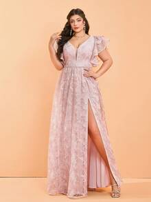 Plus Size V-Neck Embroidered Lace Ruffle Sleeve Front Slit High-End Evening Dress (Non Positioned Flower), Bridesmaid Dress - Dusty Pink - View 1