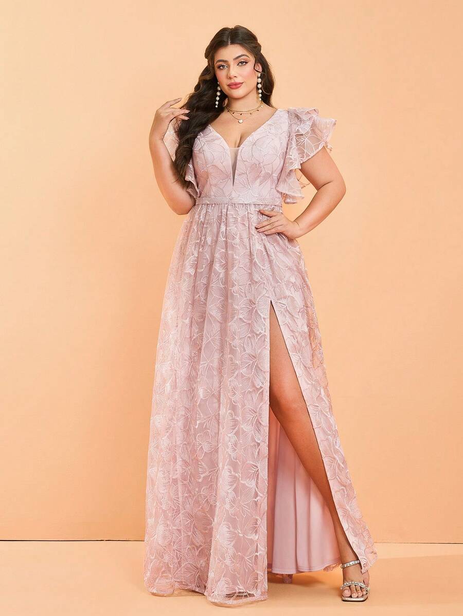 Plus Size V-Neck Embroidered Lace Ruffle Sleeve Front Slit High-End Evening Dress (Non Positioned Flower), Bridesmaid Dress - Dusty Pink - View 1