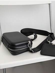 简约小号白色方形钱包，配有可拆卸宽肩带，斜挎包，适合毕业学校用品 - 黑色 - 查看 4