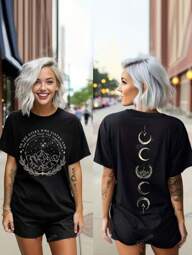 Camiseta casual de manga corta y cuello redondo para mujer talla grande, con estampado de luna y montaña, de mezcla de poliéster elástico, lavable a máquina, perfecta para primavera/verano