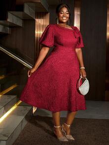 Vestido de graduación de línea A con mangas abultadas y estampado de rosas para mujer de talla grande, adecuado para ir al trabajo, elegantes fiestas de cóctel, bailes semiformales, cumpleaños, bodas, ceremonias de graduación, galas, homecoming, fiestas y otras ocasiones, para el Día de San Valentín - Burdeos - Ver 6