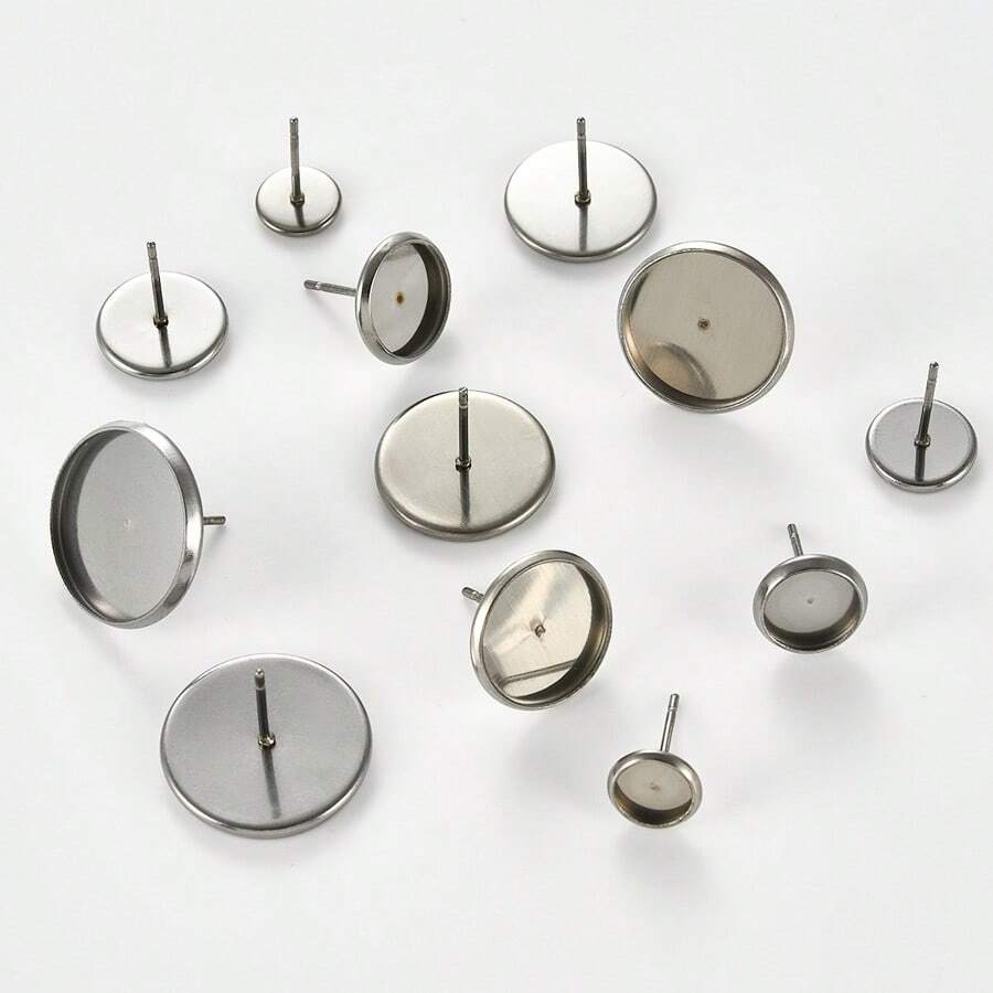 10Pcs Stainless Steel Flat Round Ear Studs Cabochon Setting Post Cup 6/8/10/12/14/16MM Blank Bezel Tray For DIY Earring Jewelry - Silver - View 1