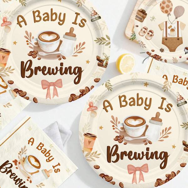 24pcs/72pcs Cartoon Tableware Set, Coffee, Bow, Star, Pacifier, Gender Reveal, "A Baby Is Brewing" Themed Disposable Paper Plates 9in,7in, Napkins, Party Decorations