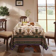 1 Pc Bohemian Style Rectangular Tablecloth, Vintage Linen Floral Striped Pattern Design For Home Living Room Kitchen Decoration, Party Picnic Gathering Dining Event, Home Decor