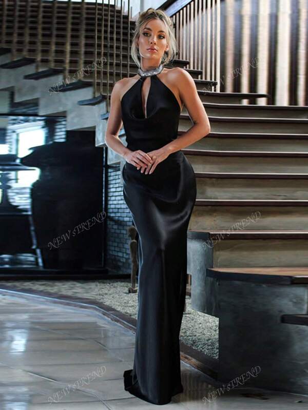 Women's Spring/Summer Fashion Party Dress, Elegant Sexy Fitted Chain Decor Draped Neck Cocktail Gown, Suitable For Formal Occasions, Wedding, Banquet