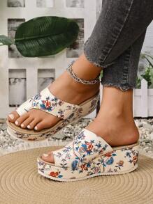 Sandali da donna alla moda con stampa floreale, scivolo, suola spessa, zeppa, comodi per l'estate e la spiaggia