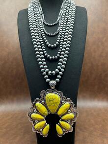 1pc Vintage Western Country Style Stone Beaded Flower Pendant Necklace, Pink/Yellow, 6 Layers Beaded Design Can Be Freely Matched, Zinc Alloy Stone Flower Pendant Necklace, Suitable For Women Girls To Match Daily Outfit, Party Accessory, Jewelry, Gift For Family/Friends/Yourself - Country Western Style - View 10
