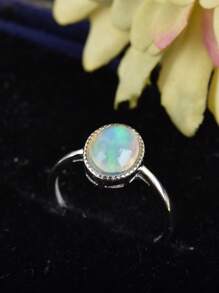 Anillo de plata de ley 925 con ópalo/aguamarina genuino para mujer, muestra de ópalo de fuego oval como regalo de San Valentín para mujeres y niñas