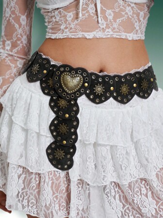  Hershine 1 件女式，心形装饰，金色铆钉拼布腰带，天鹅绒面料，复古，波西米亚风格，搭配连衣裙、裙子、休闲装、朋友聚会、派对、节日、送给朋友、妈妈、家人、女朋友、生日、情人节、母亲节、夏季、学校秋季、秋季、万圣节的礼物