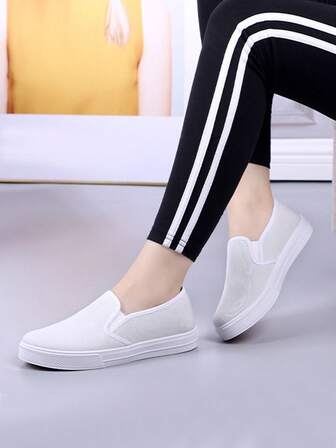 女士经典耐用平底乐福鞋，纯色防滑软底一脚蹬休闲帆布工作鞋