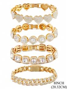 1 Stück/4 Stücke Hiphop Armband für Herren und Damen, rundes oder quadratisches Herz mit voll besetzten Strass, mehrlagige Ketten-Armband Set in Gold und Silber, funkelnde Eisenkette Metall Miami Armband Schmuck zum Valentinstag