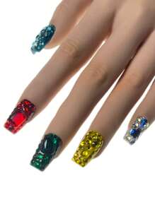 10 pezzi di unghie finte, unghie removibili realistiche realizzate a mano, design originale, corte a forma di cofano, nei colori blu, rosso, verde, giallo, intriganti neri, argento, champagne, oro, rosa, con applicazioni di diamanti scintillanti, accessori per unghie estive in stile Y2K, con adesivo e strisce di colla per le donne e le ragazze