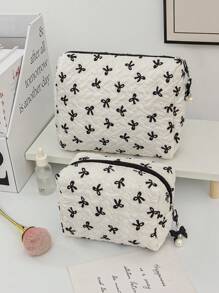 1 Black & White Color Matching Cosmetic Bag With Bow Pattern, Multifunctional Makeup Storage Bag