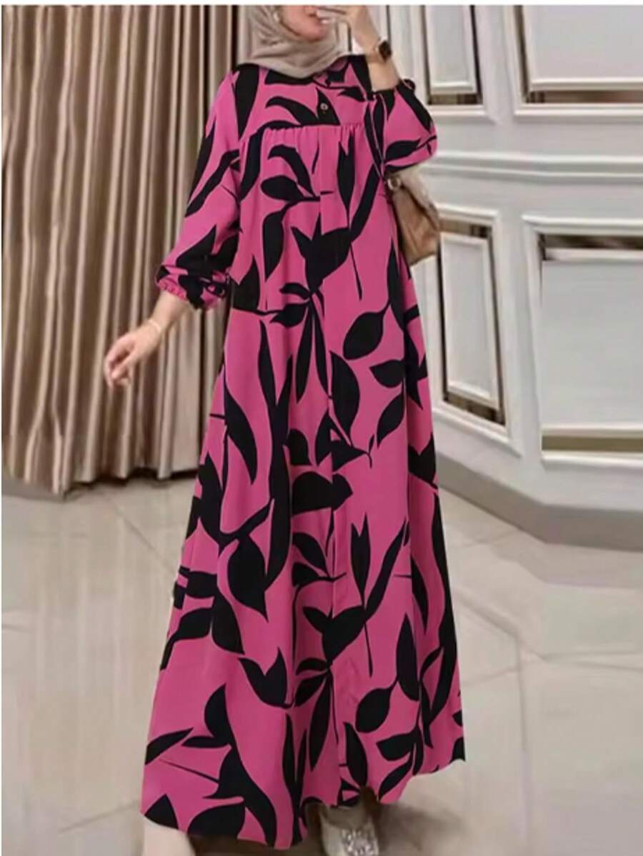 Abaya extra larga con estampado de plantas para mujer - Rosa roja - Ver 1