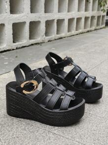 Sandálias de Plataforma com Cunha Romana de Plus Size para Mulheres, Cor Sólida com Fivela de Metal, Tecido Macio e Respirável, Adequado para Uso Diário, Reuniões, Casual com Calças ou Saias, Moda e Conforto, Essencial para o Guarda-roupa