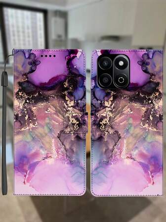 Marble Compatible With HONOR & Wallet Phone Case, PU Leather Card Holder Stand Cover, Colorful Watercolor Graffiti Pattern With Lanyard, Birthday Gift