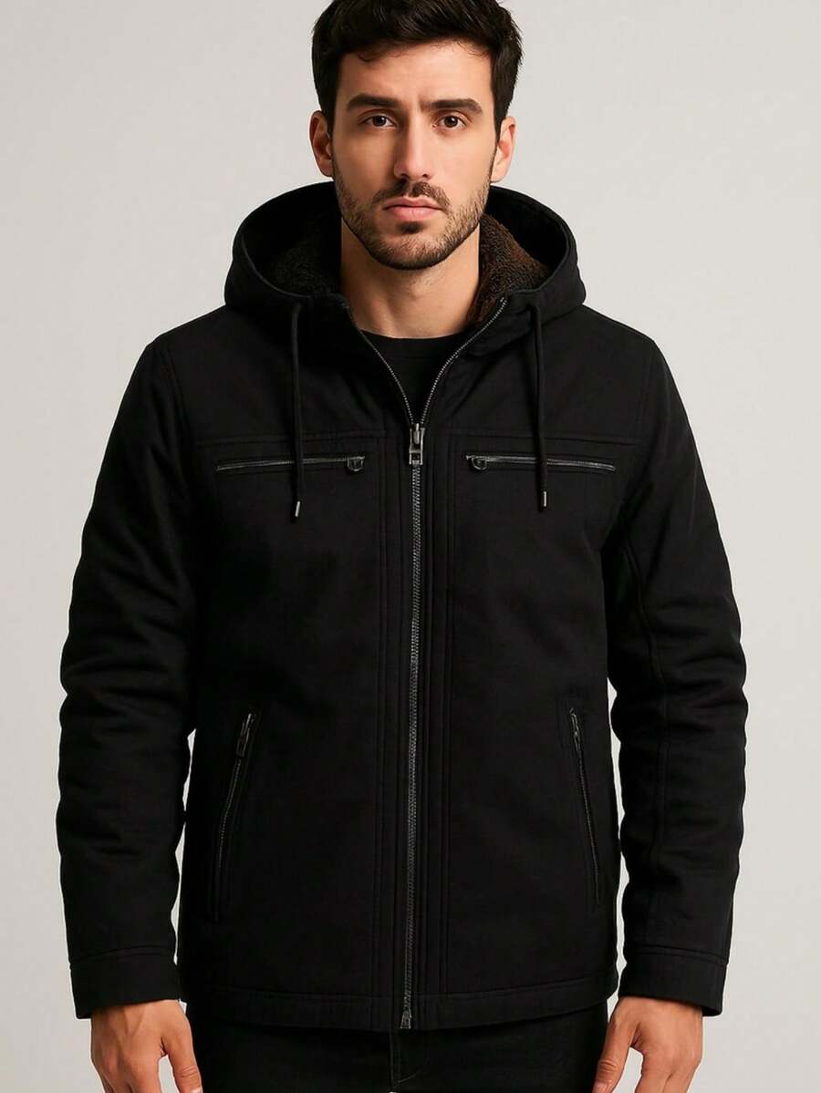 Men's Twill Jacket With Removable Lined Hood - Black - View 1