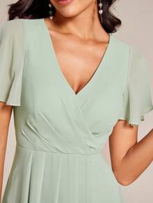 EVERPRETTY Elegant Ruffle Hem Contrast Color A-Line Mid-Length Chiffon Bridesmaid Dress, Sage Green, Suitable For Wedding Guests, Autumn - Mint Green - View 5