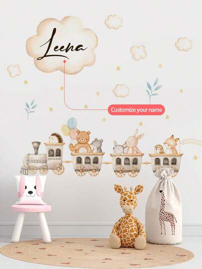Autocolant de perete drăguț cu trenuleț de animale – Autocolant de perete detașabil personalizat cu nume pentru camera bebelușilor, camera de joacă sau camera copiilor – Decor de perete adorabil în stil desen animat