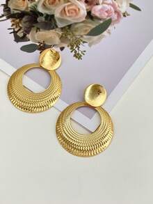 1 par de pendientes de aro grandes y redondos con diseño geométrico minimalista y personalizado - Amarillo Oro - Ver 2