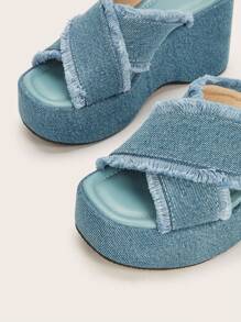 Soft Pale Blue Washed Denim Peep Toe Cross Strap Chunky Platforms, Premium Soft Leather Insole, Slip Resistant Sole, Comfort Fit Thick Sole Wedge Sandals, Versatile Classic Fashion