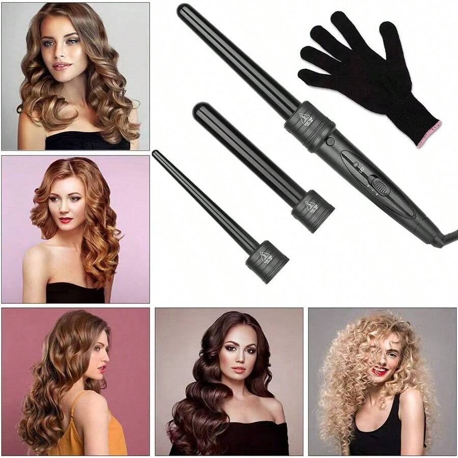 3-In-1 Black Hair Curler Set, Switch Between 25mm, 18-25mm, 9-18mm Barrel Sizes, Includes Heat Resistant Glove For Home & Travel Use - UK Plug(220-240V) - View 1