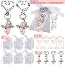 Zestaw upominkowy na chrzest 48 szt./144 szt./24 szt./72 szt., brelok z aniołem stróżem w pudełku prezentowym, w tym 48 uroczych breloków z aniołami, 48 pudełek prezentowych i 48 kartek z podziękowaniami, kryształowy wiszący brelok, odpowiedni na chrzest, wieczór panieński, wesele, przyjęcie urodzinowe - niebieski/różowy - Wielokolorowe - Zobacz 3