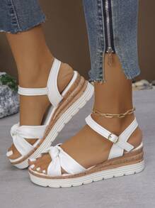 Grandes tailles croisées États-Unis 6-9 Nouvelles sandales compensées blanches plates-formes mode décontractée d'été, sandales blanches simples à enfiler pour le port quotidien en extérieur avec bout ouvert pour dames