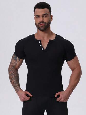 男士时尚休闲前开襟基础款短袖亨利衫 男士夏季冰丝短袖T恤 薄款弹力舒适条纹修身衫 高端休闲百搭 跑步运动户外日常休闲健身房训练透气清凉短袖T恤