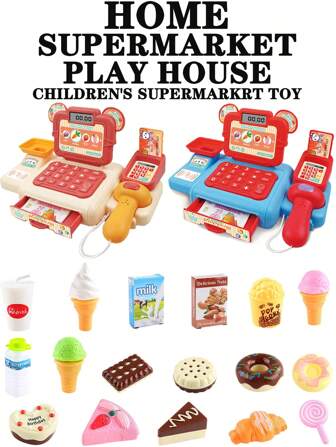 儿童迷你仿真收银机玩具，带冰淇淋、汉堡、披萨等。扫描和多功能声光效果，亲子互动礼物，理想的角色扮演礼物（配件随机发送，手工测量略有误差）