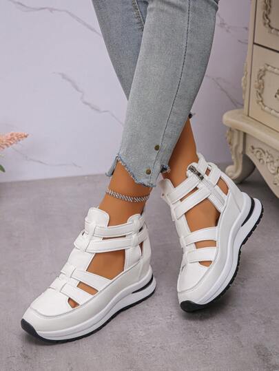 1 Pair Women's New Wedge Thick Bottom Roman Sandals, Side Zipper, Hollow-Out Breathable Closed Toe Sport Sandals, Lightweight Anti-Skid Soft Bottom, Fashion Versatile, Platform, Bohemian Casual Shoes