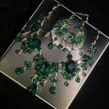 1 conjunto de joias femininas, colar e brincos, 3 peças, incrustado com strass, moderno e elegante, adequado para noivas, casamentos, banquetes e ocasiões formais