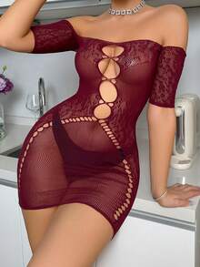 女士性感内衣镂空吊带紧身连衣裙露肩弹力派对迷你连衣裙 - 酒紅色 - 查看 3