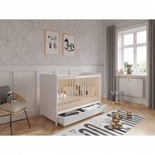 TOKYO Wooden Baby Cot Bed 120x60cm With Covered Drawer And Safety Wooden Barrier (White/Pine)