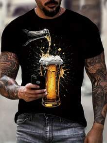 Men's 3D Digital Beverage Print Crew Neck T-Shirt - 100% Polyester Sports Style Top With Short Sleeves, Regular Fit, Cartoon Pattern, Slight Stretch For Adult Summer Casual Wear - Black - View 2