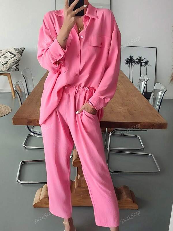 Women Blouse & High Waist Pants 2 Pieces Set, Button-Down Long Sleeve Pink Blouse & Casual Elastic Waist Pants, Elegant Ladies Outfit