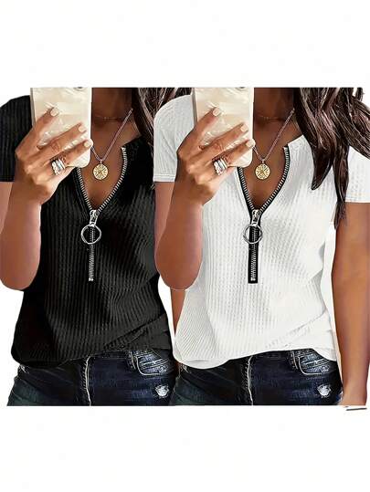 2 Stücke Reißverschluss Rundhals T-Shirt, lässiges kurzärmliges T-Shirt für Damen, Frühling/Sommer