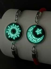 2pcs/Set Bohemian Style Glow In The Dark Sun, Moon & Star Charm Bracelets, Glass Inlaid Nylon Rope, Fashion Couples Jewelry Gift Set, Suitable For Party, Music Festival, Halloween/Christmas, Thanksgiving, Year-Round Wear