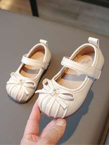 1 Pair Plain Mary Jane Flats With Bow & Flower Design For Girls - Beige - View 2
